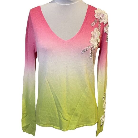 Anna Lu Ombre Green Pink Floral Applique Detailed Sequin V Neck Statement Top - Picture 1 of 11